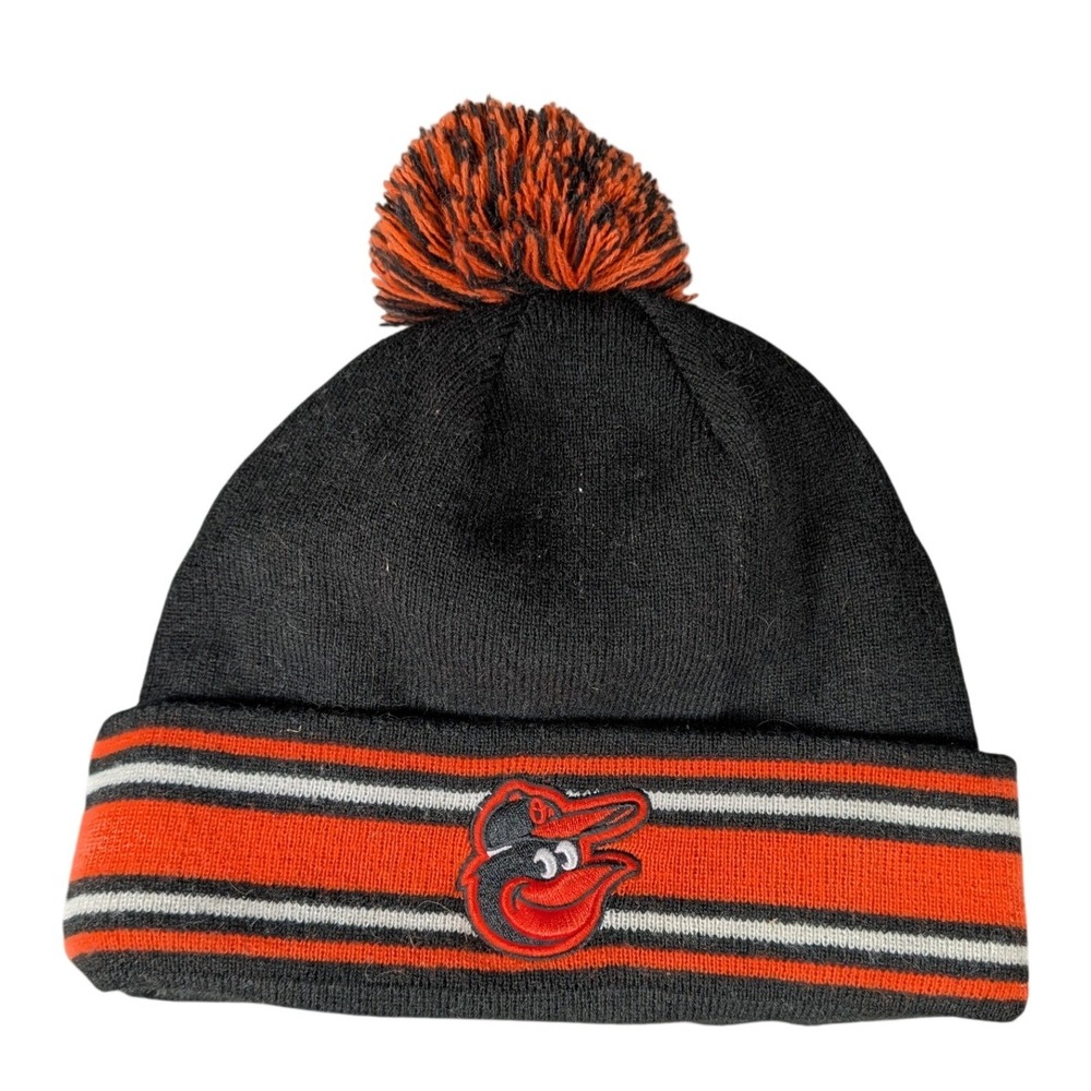 Baltimore Orioles MLB Knit Pom Beanie Hat Black Orange Striped Cartoon Bird Logo